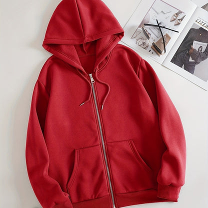 vlovelaw  Solid Color Hooded Zipper Sweatshirt, Drawstring Front Pocket Pullover Sports Hoodie Jacket, Women's Sporty Sweatshirts