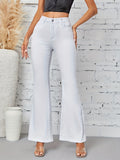 vlovelaw Solid Color Casual Flare Jeans, Slant Pockets Mid-Stretch Bell Bottom Jeans, Women's Denim Jeans & Clothing