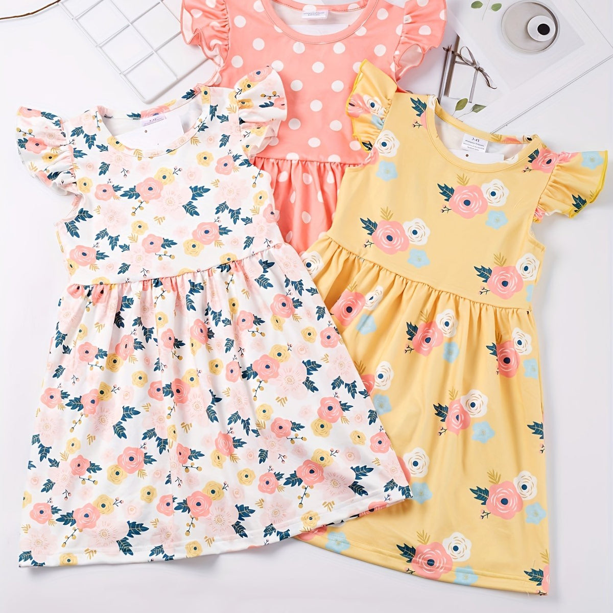 3pcs Sweet Girls Flora Print Flutter Trim Sleeveless Dress Summer Clothes Baby/toddler Girls