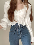 vlovelaw  Ruffle Trim Queen Anne Neck Blouse, Chic Puff Sleeve Cinched Waist Crop Blouse For Spring & Fall, Women's Clothing