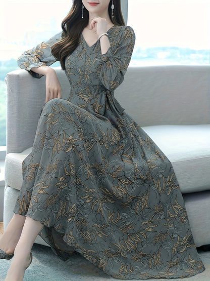 Floral Pattern Midi Dress, Vintage V Neck Long Sleeve Dress, Women's Clothing