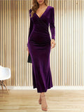 vlovelaw  Solid Bodycon Midi Dress, Elegant V Neck Long Sleeve Dress, Women's Clothing