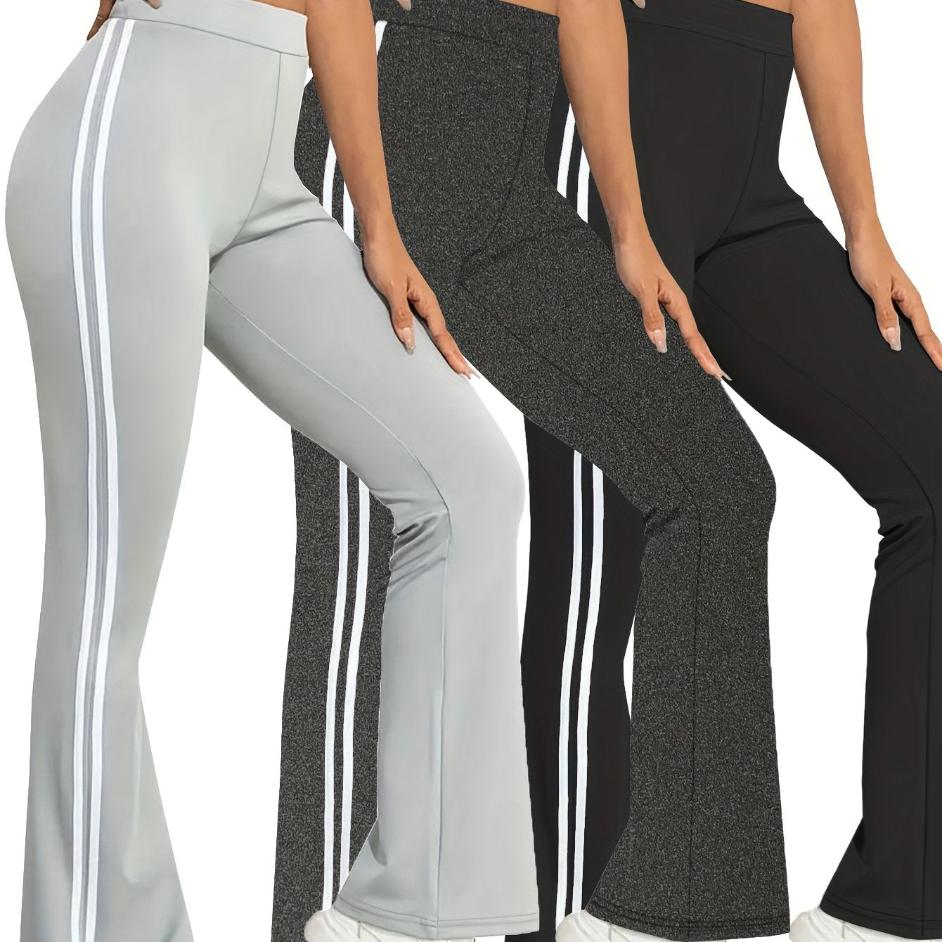 vlovelaw  3 Pcs Women's Sports Pants Set, Plus Size Contrast Striped High Waist Stretchy Flare Leg Fitness Pants 3 Piece Set