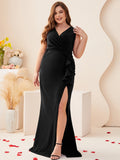 Plus Size Ruched Dress - Stunning Solid Color, Elegant V Neck, Ruffle Trim, Sleeveless Design for Party & Banquet - Designed for Plus Size Women, Perfect for Curvy Figures