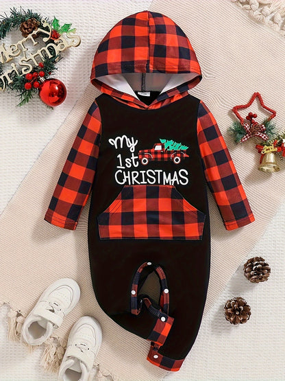 Newborn 1st Christmas Merry Christmas Plaid Sleeve Hooded Romper, Cute Kid's Party Casual Clothes for Outdoor Wear