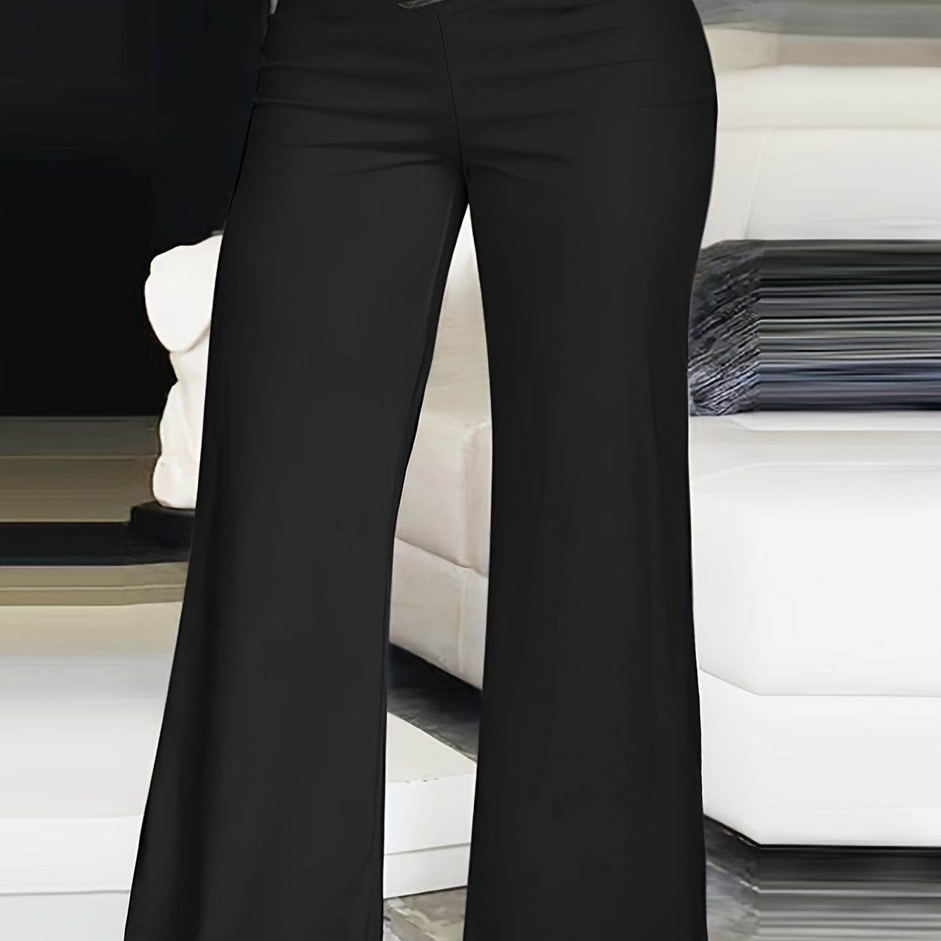 vlovelaw  Plus Size Elegant Pants, Women's Plus Solid Contrast Mesh V Waist High Rise Straight Leg Trousers