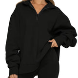 vlovelaw Zipper Oversized Sweatshirts, Casual Drop Shoulder Long Sleeve Solid Pullover, Women's Clothing