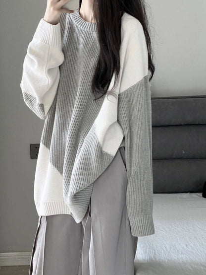 vlovelaw Color Block Oversized Pullover Sweater, Casual Crew Neck Long Sleeve Sweater, Women's Clothing