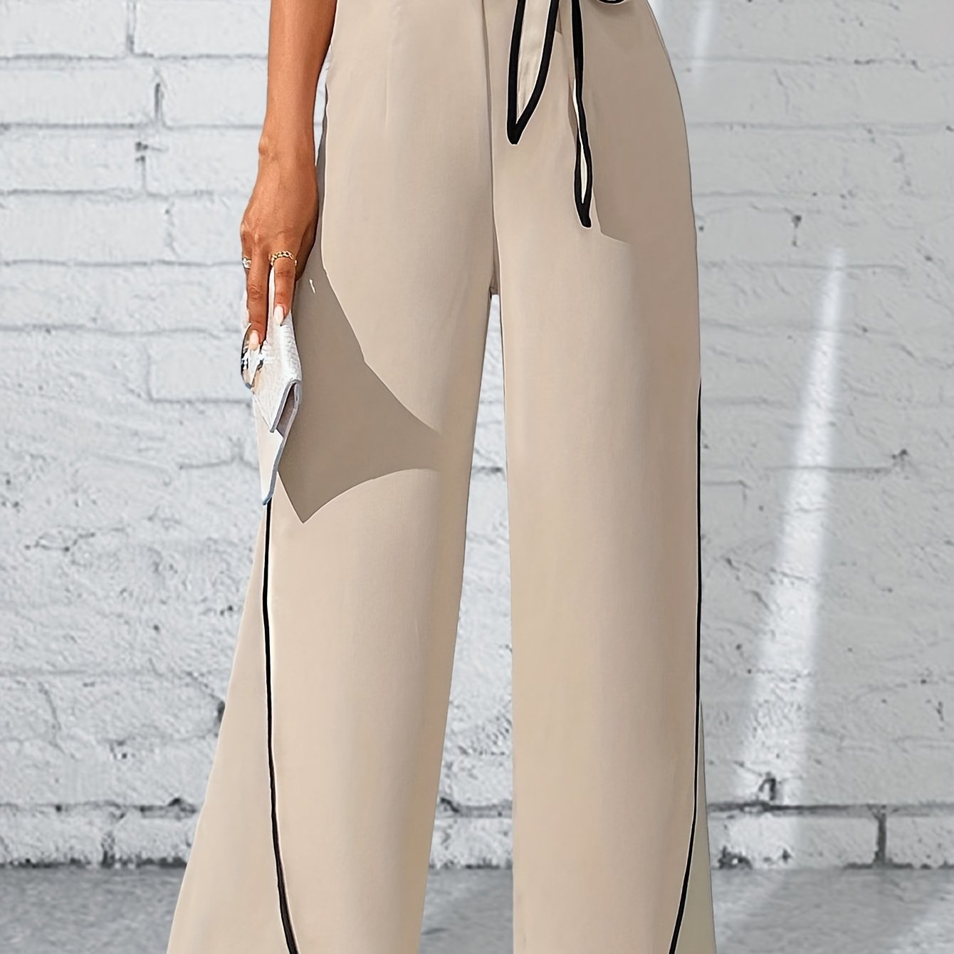 vlovelaw  Contrast Trim Lace Up Pants, Elegant High Waist Wide Leg Pants, Women's Clothing