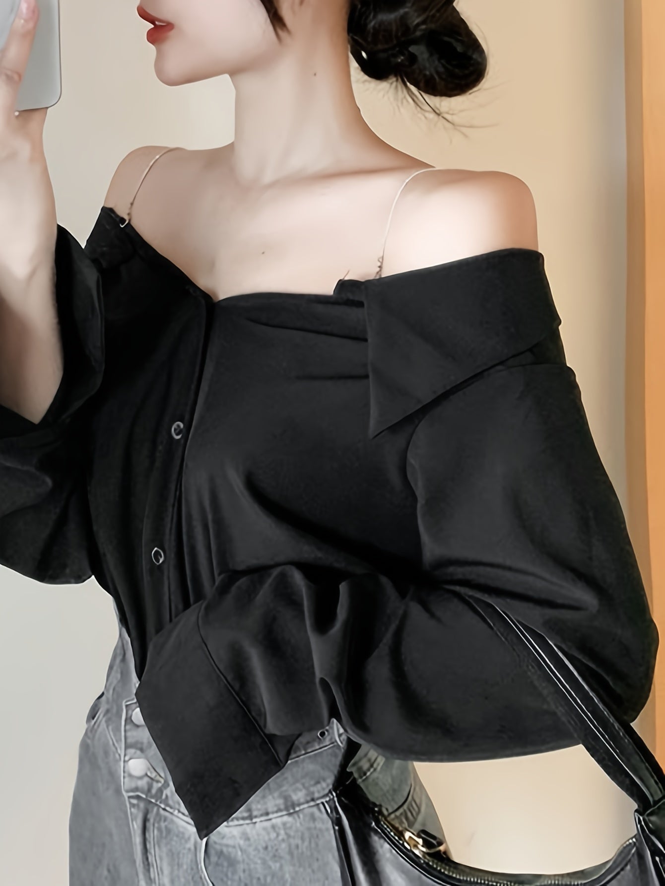 vlovelaw  Solid Off Shoulder Button Front Blouse, Casual Long Sleeve Blouse For Spring & Fall, Women's Clothing