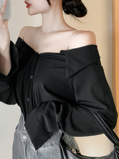 vlovelaw  Solid Off Shoulder Button Front Blouse, Casual Long Sleeve Blouse For Spring & Fall, Women's Clothing