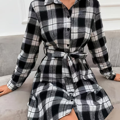 vlovelaw Plaid Print Button Dress, Casual Tie Waist Long Sleeve Dress, Women's Clothing