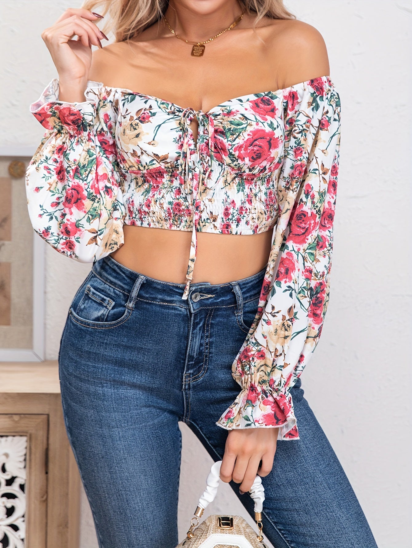 Floral Print Cold Shoulder Crop Blouse, Casual Long Sleeve Blouse For Spring & Fall, Women's Clothing