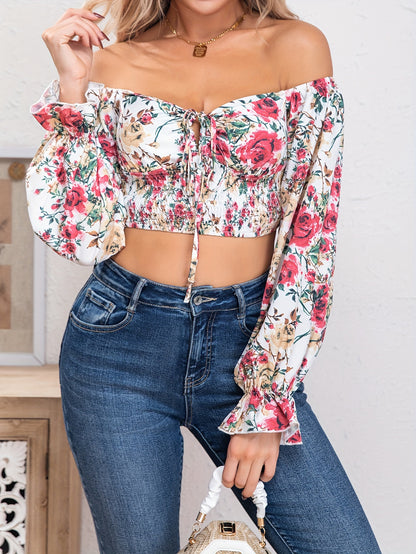 Floral Print Cold Shoulder Crop Blouse, Casual Long Sleeve Blouse For Spring & Fall, Women's Clothing