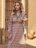 vlovelaw Boho Allover Print A-line Dress, Vintage Long Sleeve V Neck Dress For Spring & Fall, Women's Clothing