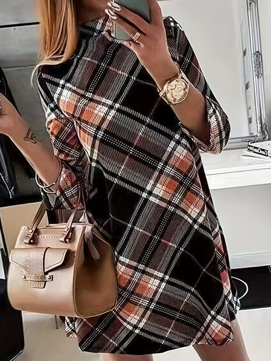 vlovelaw  Plaid Print Mock Neck Dress, Elegant Long Sleeve Above Knee Dress, Women's Clothing