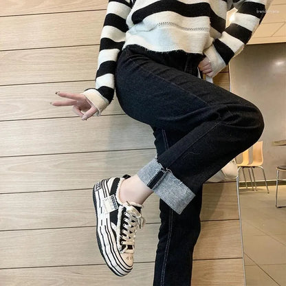 Casual Shoes Women Canvas  Tassel Fashion Platform Flats Black Sneakers Spring Female Vulcanized