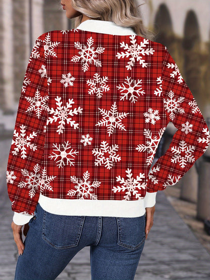 Chic Christmas Red Plaid & Snowflake Zip-Up Jacket - Casual Long Sleeve Outerwear for Women, Perfect for Spring & Fall