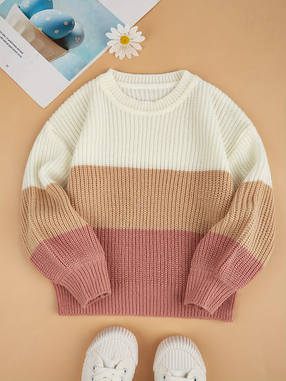 Adorable Girls' Drop Shoulder Knit Sweater Tops - Soft, Cozy, and Stylish Contrast Color Design for Autumn and Winter Seasons - Perfect for Casual Daily Wear