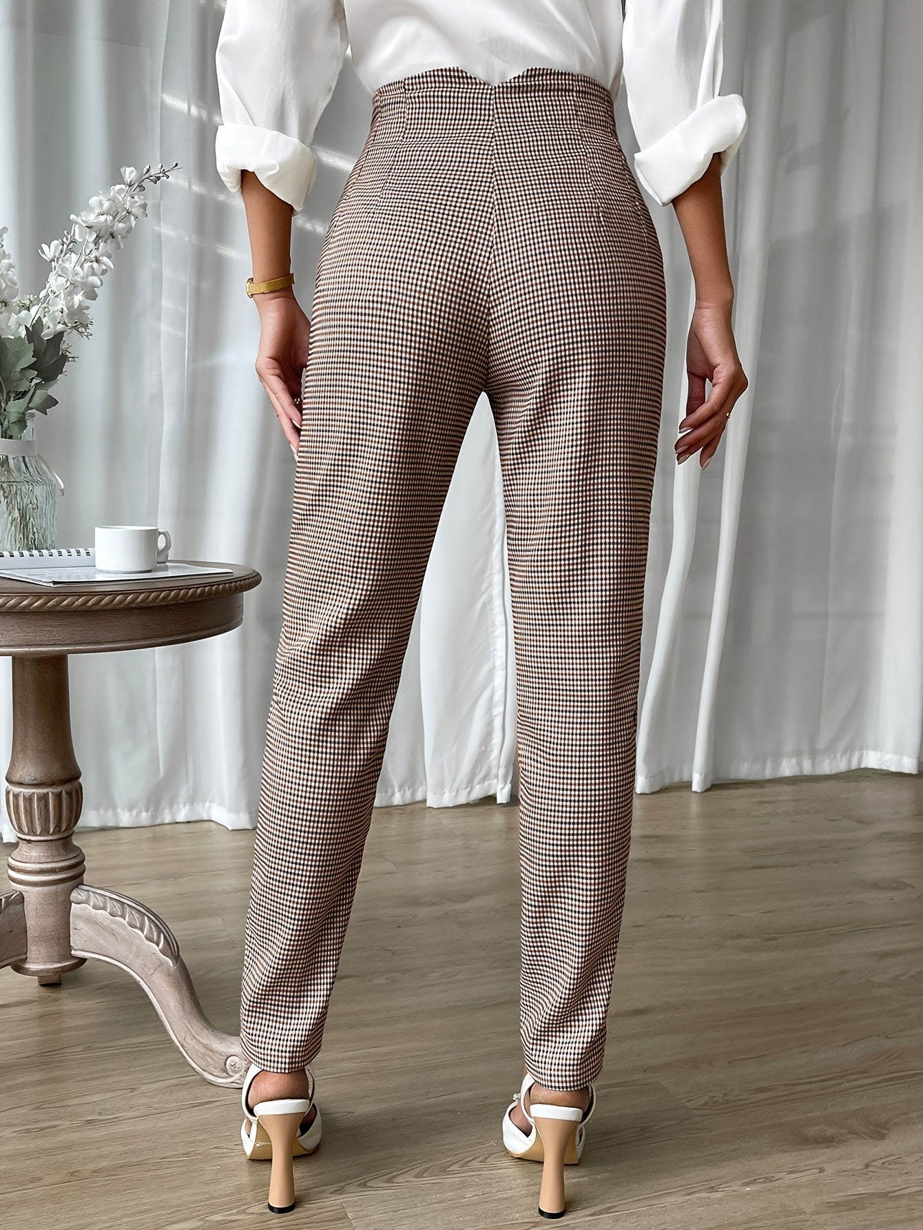 Plaid Print Tapered Leg Pants, Casual High Waist Pants For Spring & Fall, Women's Clothing