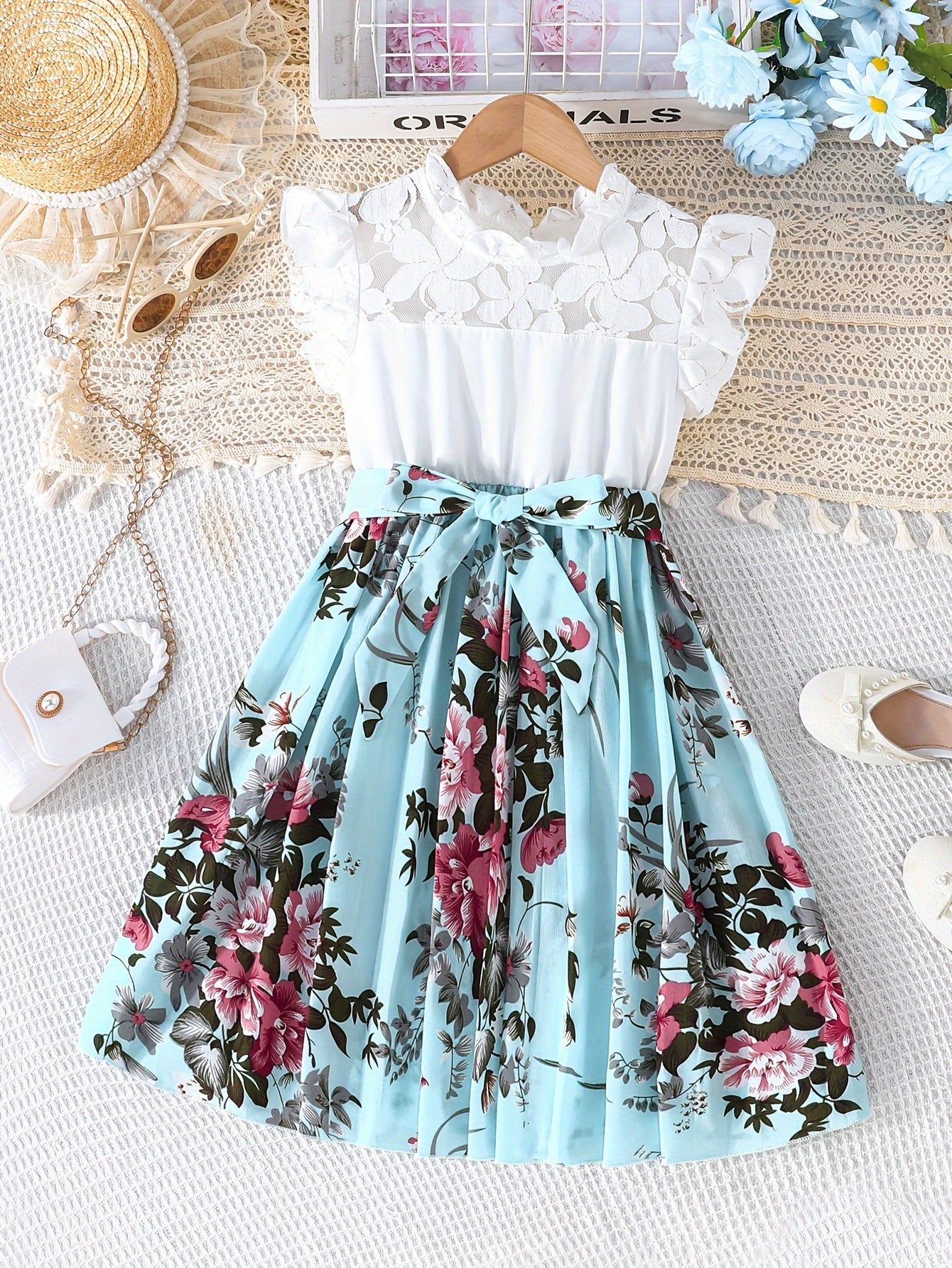 Summer Blooms Girls Dress - Lace Accented Pleated Floral Print with Belt for Holiday Wear