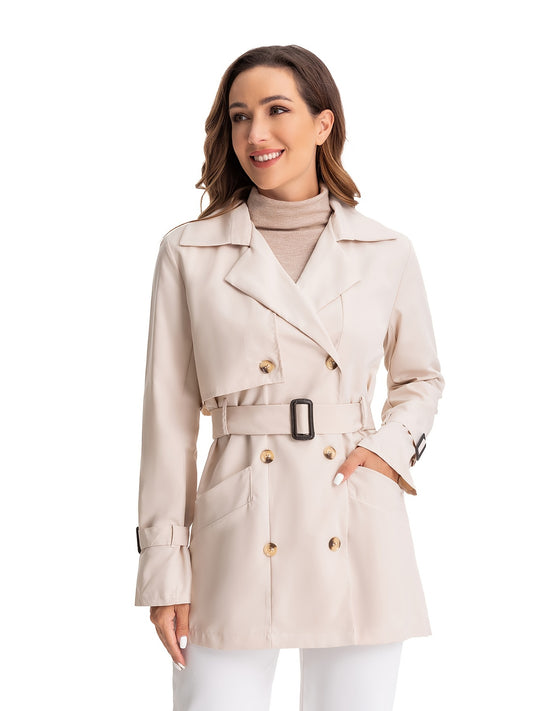 vlovelaw  Double Breasted Long Trench Coat, Long Sleeve Windproof Classic Lapel Slim Belted Outerwear, Women's Clothing