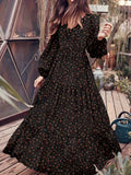 vlovelaw  Tiered Floral Print Dress, Boho Lantern Sleeve V Neck Maxi Dress, Women's Clothing