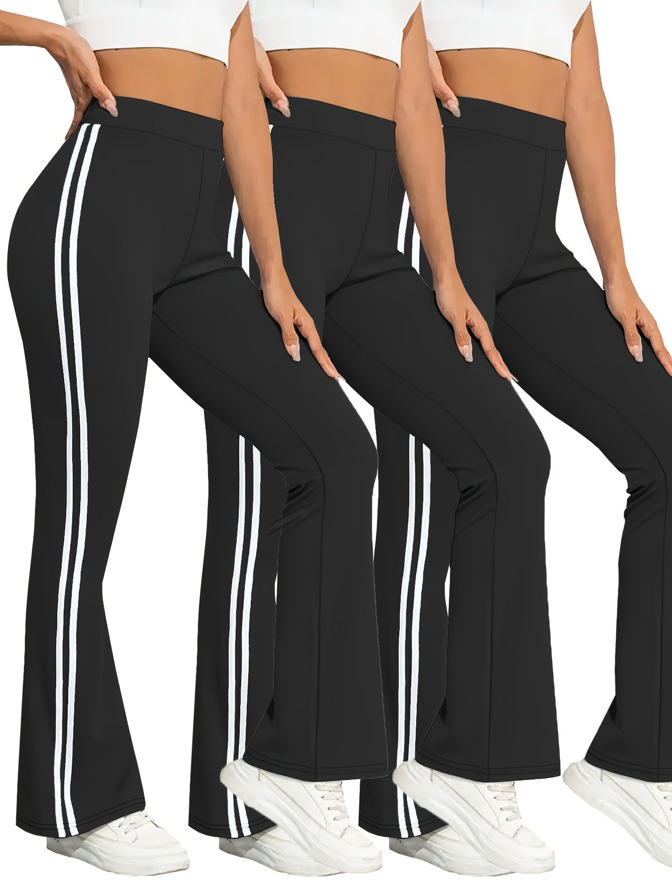 vlovelaw  3 Pcs Women's Sports Pants Set, Plus Size Contrast Striped High Waist Stretchy Flare Leg Fitness Pants 3 Piece Set