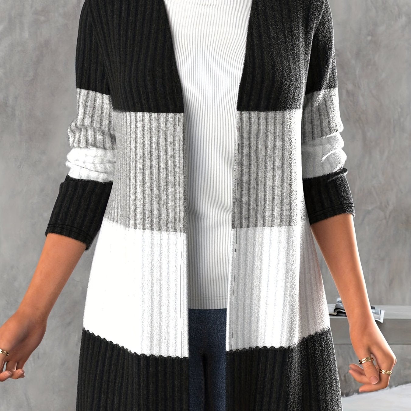 vlovelaw Ribbed Colorblock Open Front Cardigan, Casual Long Sleeve Cover Up Cardigan, Women's Clothing