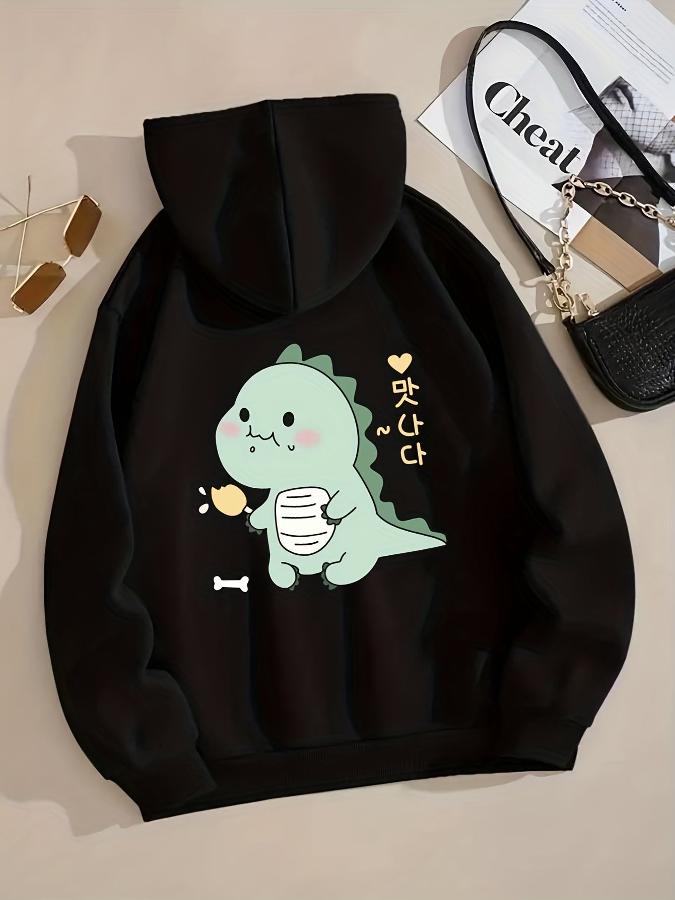 Cartoon Dinosaur Graphic Long Sleeve Fleece Hooded Sweatshirts,  Print Drawstring Sports Hoodie With Front Pocket, Women's Sporty Sweatshirts