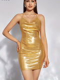 vlovelaw  Glitter Metallic Halter Mini Dress, Cowl Neck Dress For Party, Club, Women's Clothing