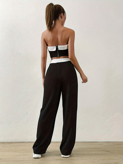 vlovelaw Contrast Trim Two-piece Set, Casual Tube Top & Pants Outfits, Women's Clothing