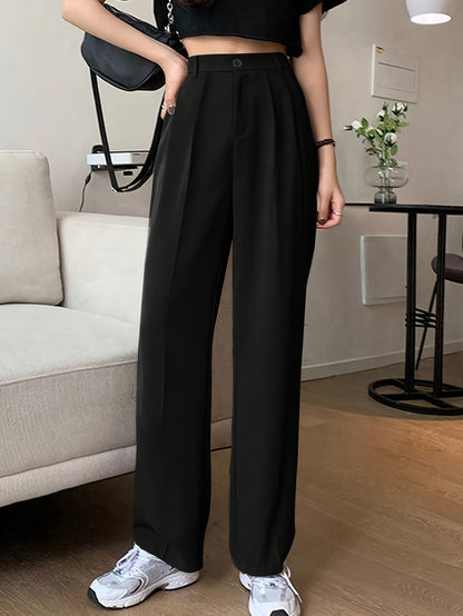 vlovelaw  Solid Draped Straight Leg Pants, Casual Button High Waist Pleated Pants, Women's Clothing