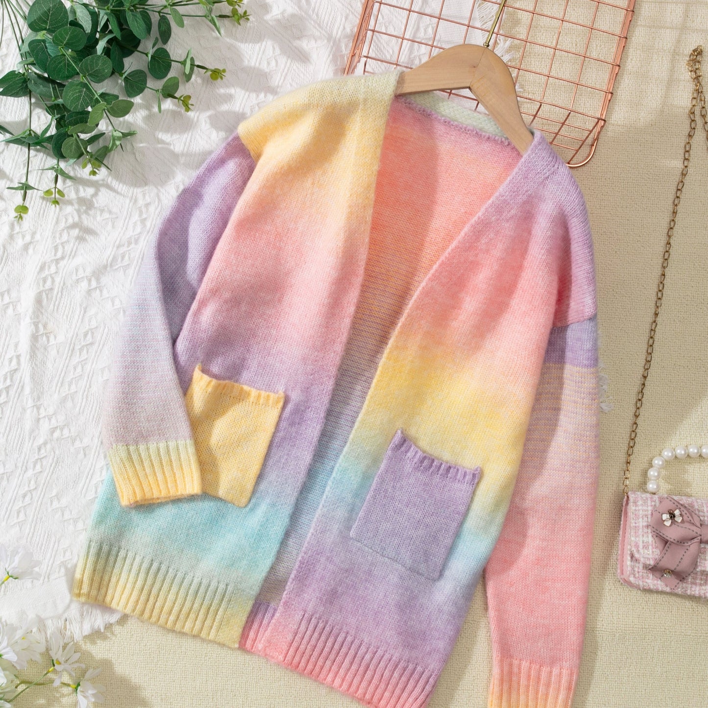 Vibrant Gradient Color Cardigan - Soft, Cozy Long Sleeve Open Front Knit Sweater with Pockets for Girls, Perfect for Everyday Casual Wear and Winter Outwear