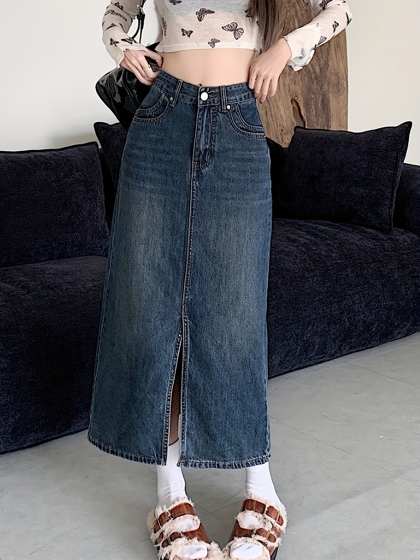 vlovelaw  High Waist Split Denim Midi Skirt, Slant Pockets A-Line Washed Denim Skirt, Women's Denim Clothing