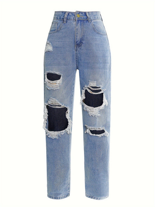 Blue Ripped Straight Jeans, Slash Pockets High Waist Distressed High Waist Denim Pants, Women's Denim Jeans & Clothing