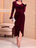 Solid Color Split Wrap Dress, Elegant Long Sleeve Dress For Party & Banquet, Women's Clothing