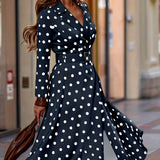 vlovelaw  Plus Size Elegant Dress, Women's Plus Polka Dot Print Long Sleeve Lapel Collar Nipped Waist Dress