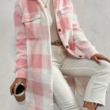 Plaid Pattern Teddy Coat, Casual Button Front Long Sleeve Outerwear, Women's Clothing