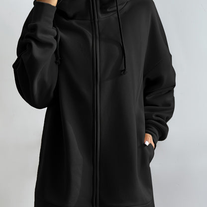 vlovelaw  Solid Color Casual Sports Hooded Zipper Sweatshirs, Long Sleeve Drawstring Hoodie, Women's Sporty Sweatshirts