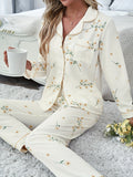 Womens Chiffon Floral Print Pajama Set - Long Sleeve Lapel Collar Top with Pocket, Elastic Waistband Pants for Comfortable Sleepwear & Loungewear - Soft, Breathable, Micro Elasticity, Woven, Random Printing for All Seasons