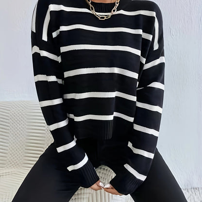 vlovelaw  Striped Crew Neck Pullover Sweater, Casual Long Sleeve Drop Shoulder Sweater, Women's Clothing