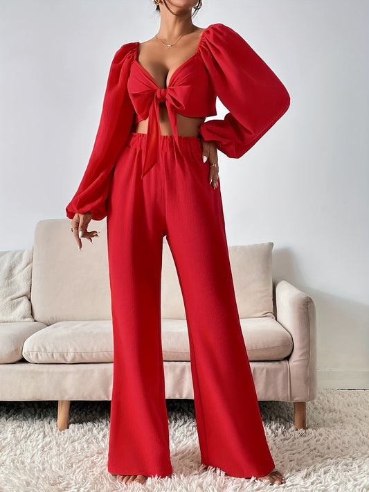 vlovelaw  Casual Solid Two-piece Pants Set, Long Sleeve Bow Front T-shirt & Loose Wide Leg Pants Outfits, Women's Clothing