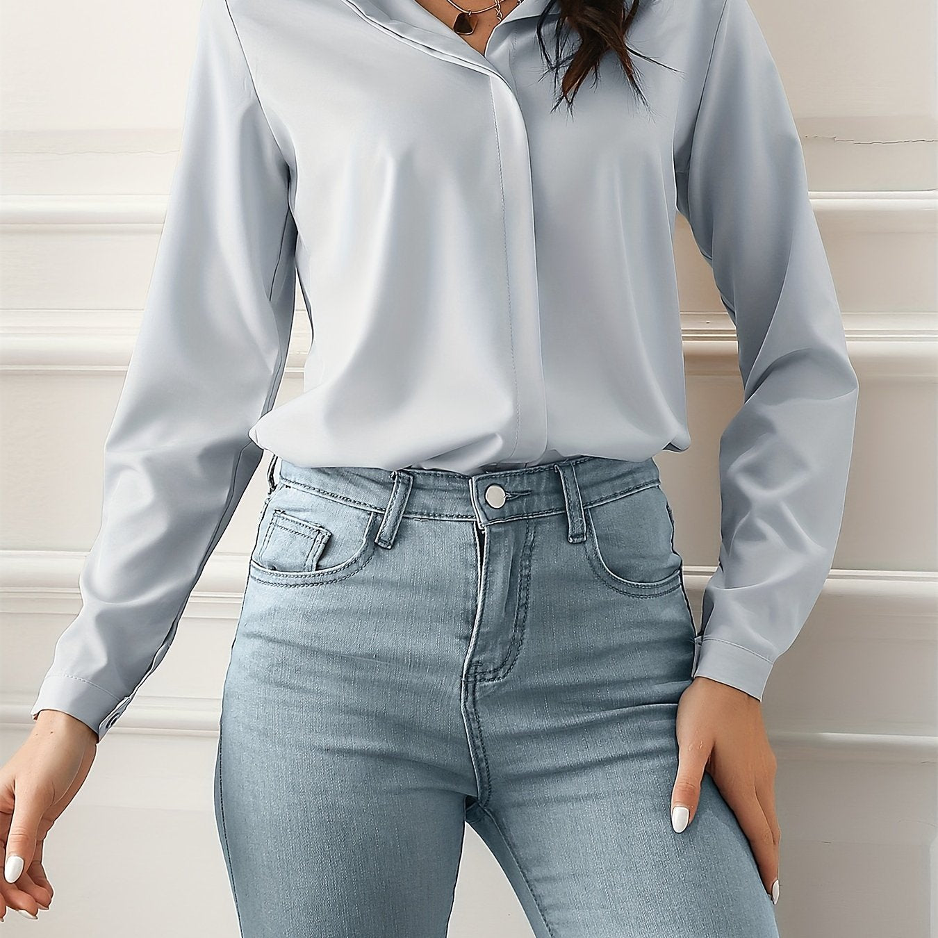 vlovelaw  Solid Simple Shirt, Casual Turn Down Collar Long Sleeve Work Office Shirt, Women's Clothing