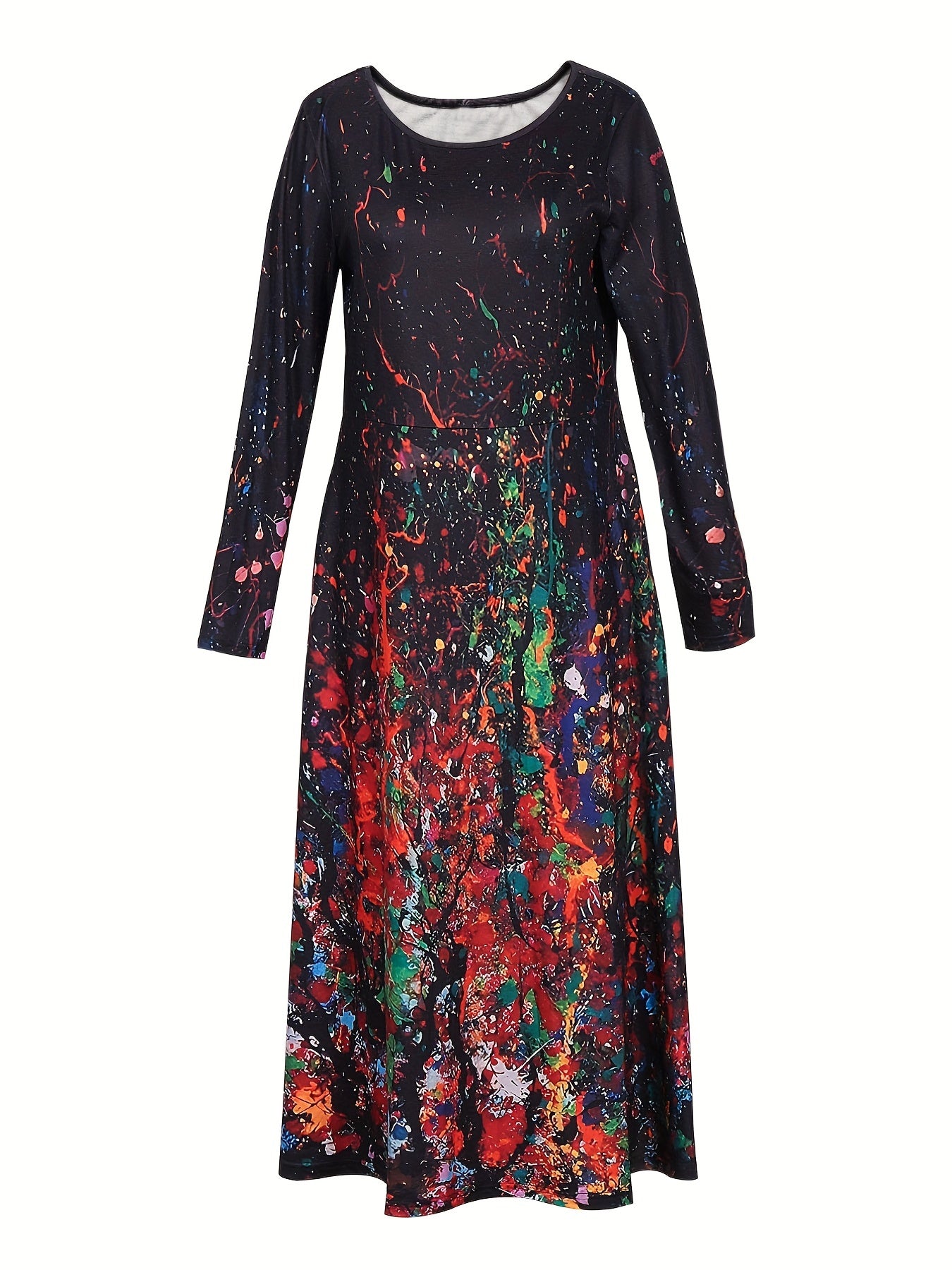 Allover Print Maxi Dress, Casual Crew Neck Long Sleeve Dress, Women's Clothing