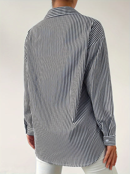 Striped Button Front Shirt, Casual Long Sleeve Lapel Shirt, Women's Clothing