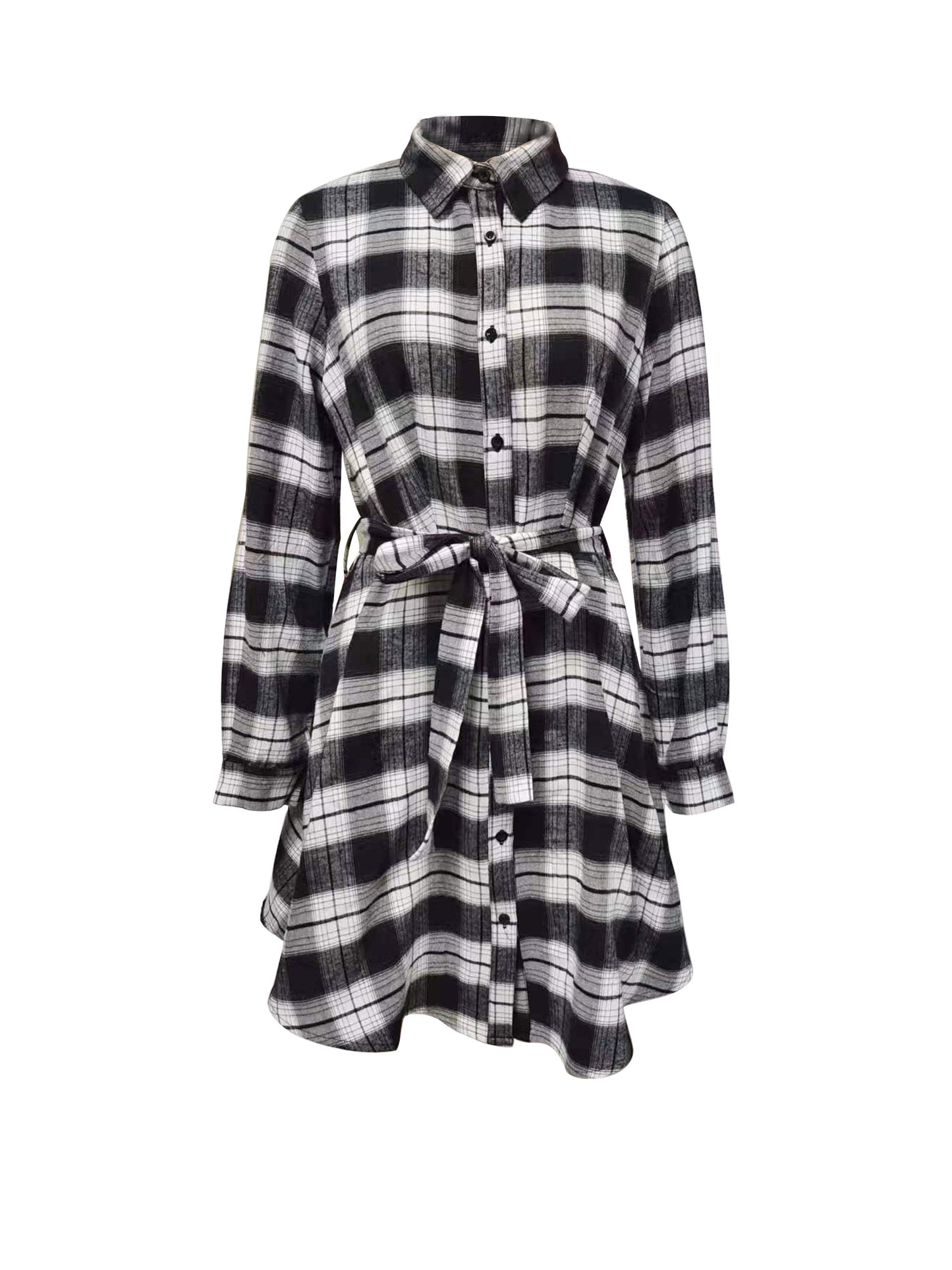 vlovelaw Plaid Print Button Dress, Casual Tie Waist Long Sleeve Dress, Women's Clothing