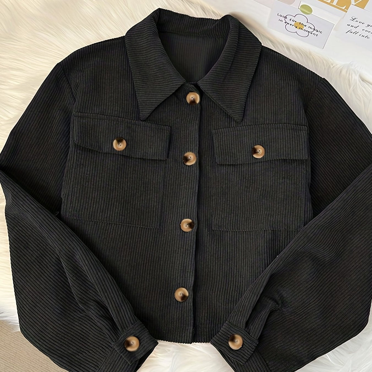 Flap Pockets Corduroy Crop Jacket, Casual Long Sleeve Jacket For Fall & Winter, Women's Clothing