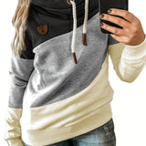 vlovelaw  Plus Size Casual Sweatshirt, Women's Plus Colorblock Long Sleeve Hooded Drawstring Slight Stretch Sweatshirt