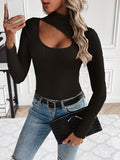 vlovelaw Cutout Ribbed Turtleneck T-Shirt, Casual Long Sleeve Top For Spring & Fall, Women's Clothing